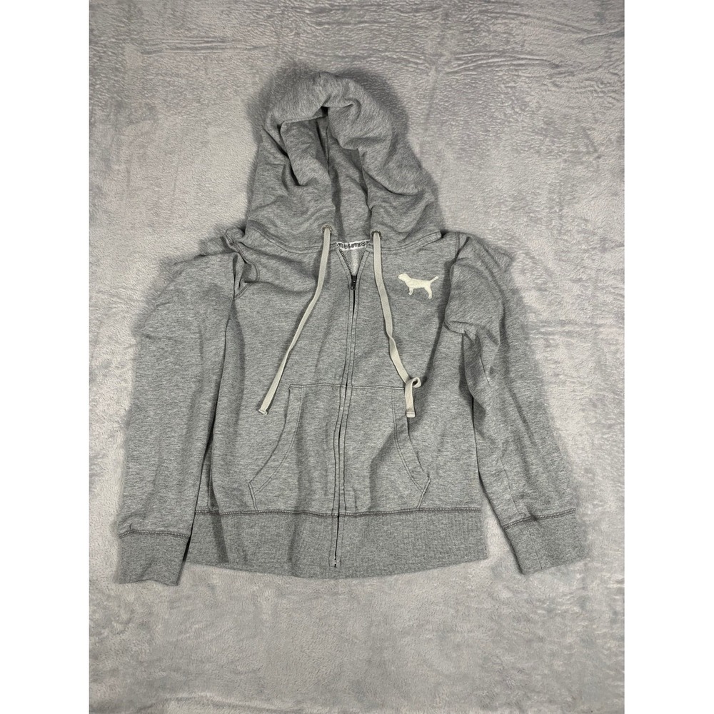 Victoria's Secret Pink Love Dog Logo Women's Hoodie L Gray Split Kangaroo Pocket